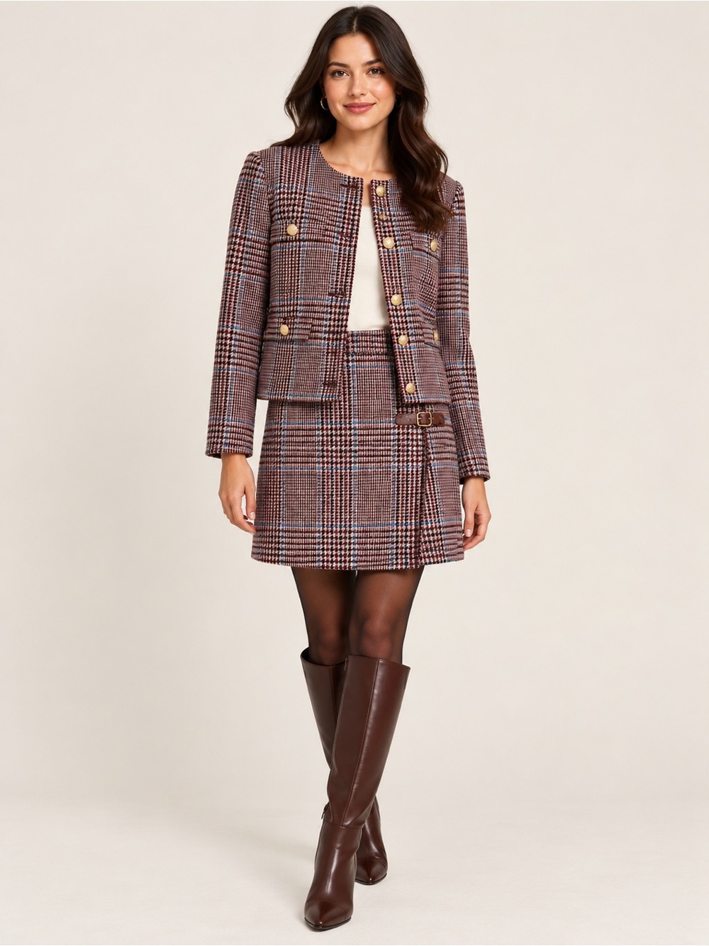 Talbot Shetland Crop Wool Blend Jacket & Skirt Matching Suit Set In Autumn Plaid